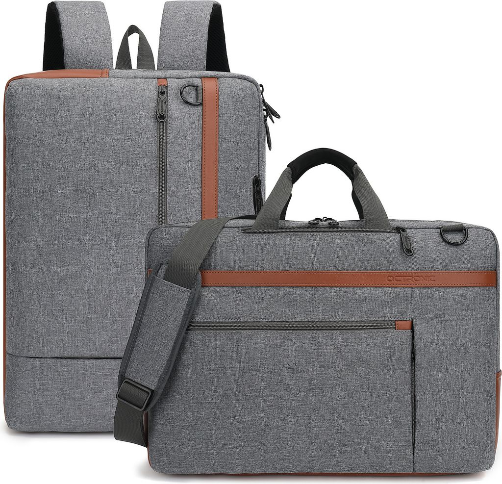 Octronic Laptoptas 17,3 Zoll - 2-in-1 Laptop - Rucksack und Schultertasche - 20 Liter - grau/braun