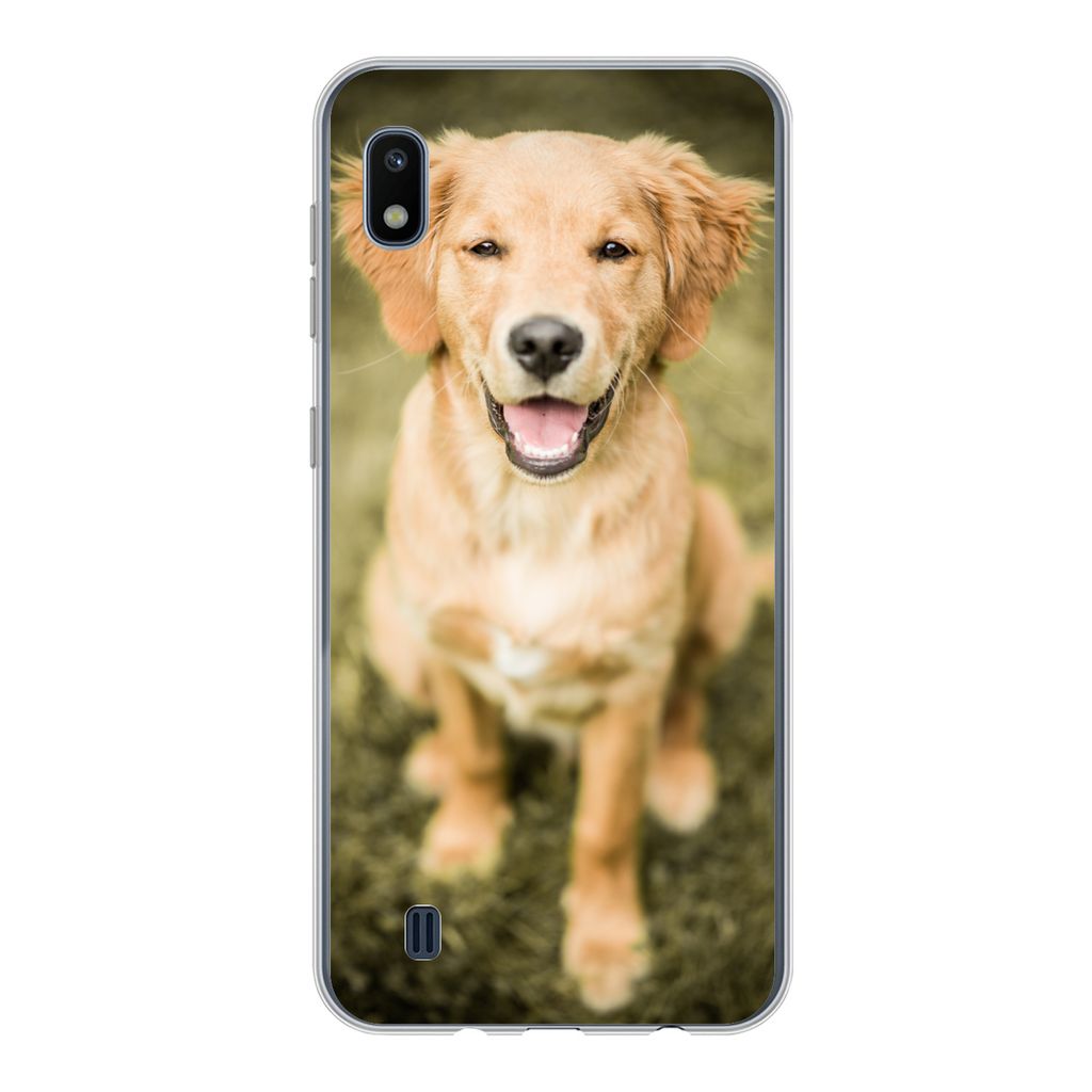 MuchoWow Handyhülle Schutzhülle Hülle für Samsung Galaxy A10 Ein Porträt eines Golden Retriever Welpen im Garten Silikon Softcase Handy Hül...