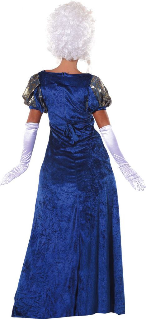 A person wearing a blue historical costume and white gloves, viewed from the back.