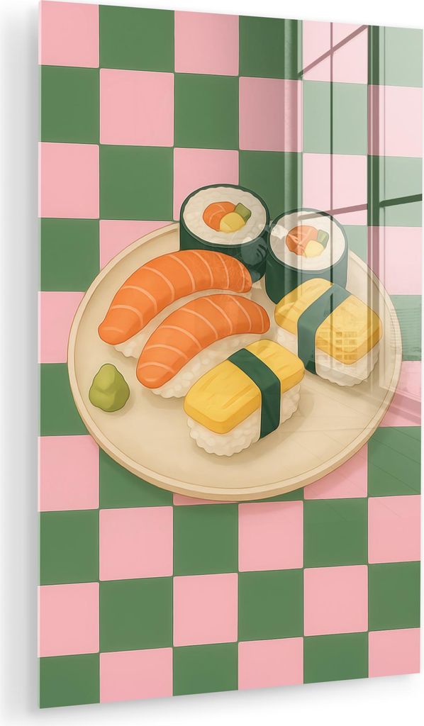 MuchoWow Glasbilder - Bilder auf Wandbild - Foto auf Glas Sushi - Teller - Blockiert - Grün 40x60 cm Wanddekoration aus Glas - Acrylglasbild - Acr...