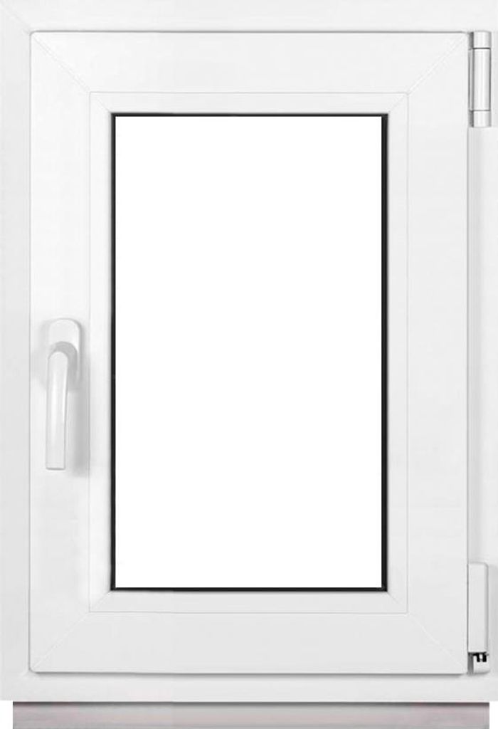 A white window frame with a clear glass pane, set against a white background. The window has a handle on the left side and hinges on the right.