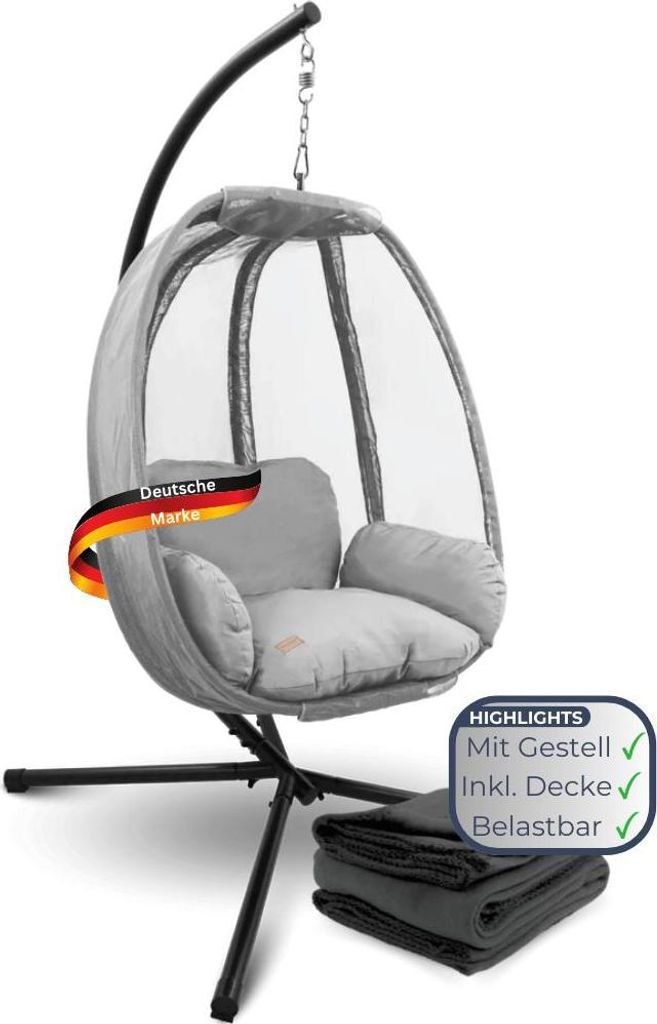 Hängesessel mit Gestell MELA - Indoor/Outdoor, Mit Kuscheldecke | Korbhängesessel mit Kissen Schwebeliege Relax-Stuhl Egg Schaukel, Grau