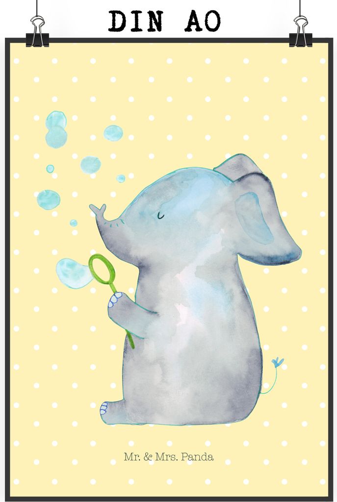Mr. & Mrs. Panda Bild Elefant Seifenblasen DIN A0 - Gelb Pastell - Geschenk, Kunstdruck, Heimat, Elefanten, drucke, Liebesspruch, poster, wanddeko,...