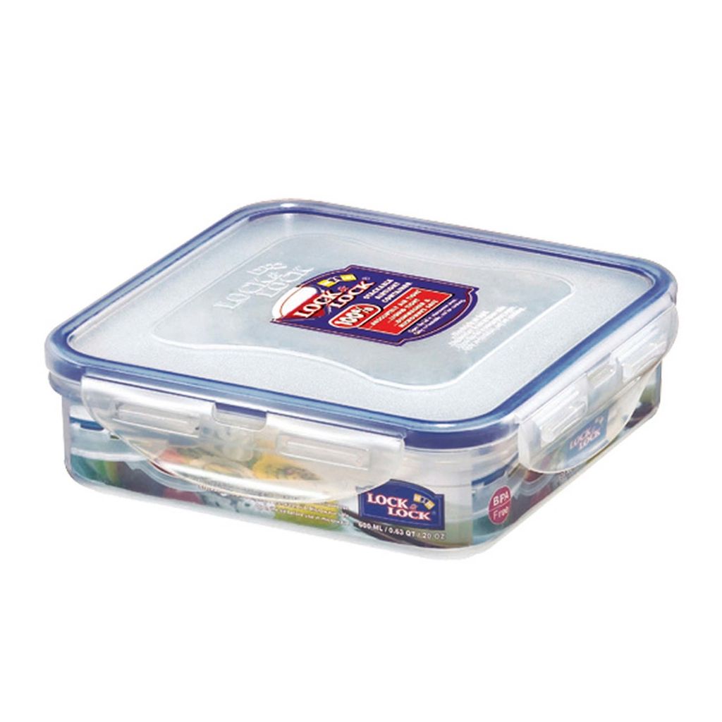 A square Lock&Lock food storage container with a blue lid and clear body, shown from a slightly elevated angle against a white background.