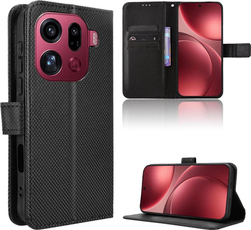 Kunstleder Hülle für Oppo Find X9 Pro Diamantstruktur & Kartenfächern Schwarz