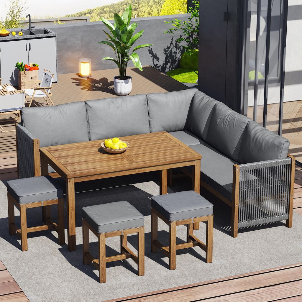 Terrassenmöbel-Set für 7–8 Personen, Rattan-Gartenlounge, Outdoor-Sofaset mit Ecksofa, 3 Hockern und Tisch für Balkon, Garten, Veranda, grau