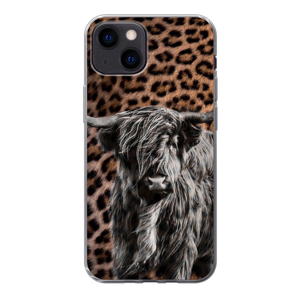 MuchoWow Handyhülle Schutzhülle Hülle für iPhone 13 mini Schottischer Highlander - Pantherdruck - Schwarz - Weiß Silikon Softcase Handy Hül...