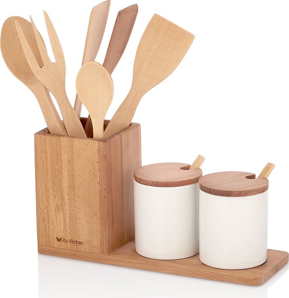Joy Kitchen Porzellantassen auf Holzpodest inkl. Geschirrhalter | Geschirr Tassen | Holzdeckel | Tasse mit Löffel und Deckel | Becherhalter | S...