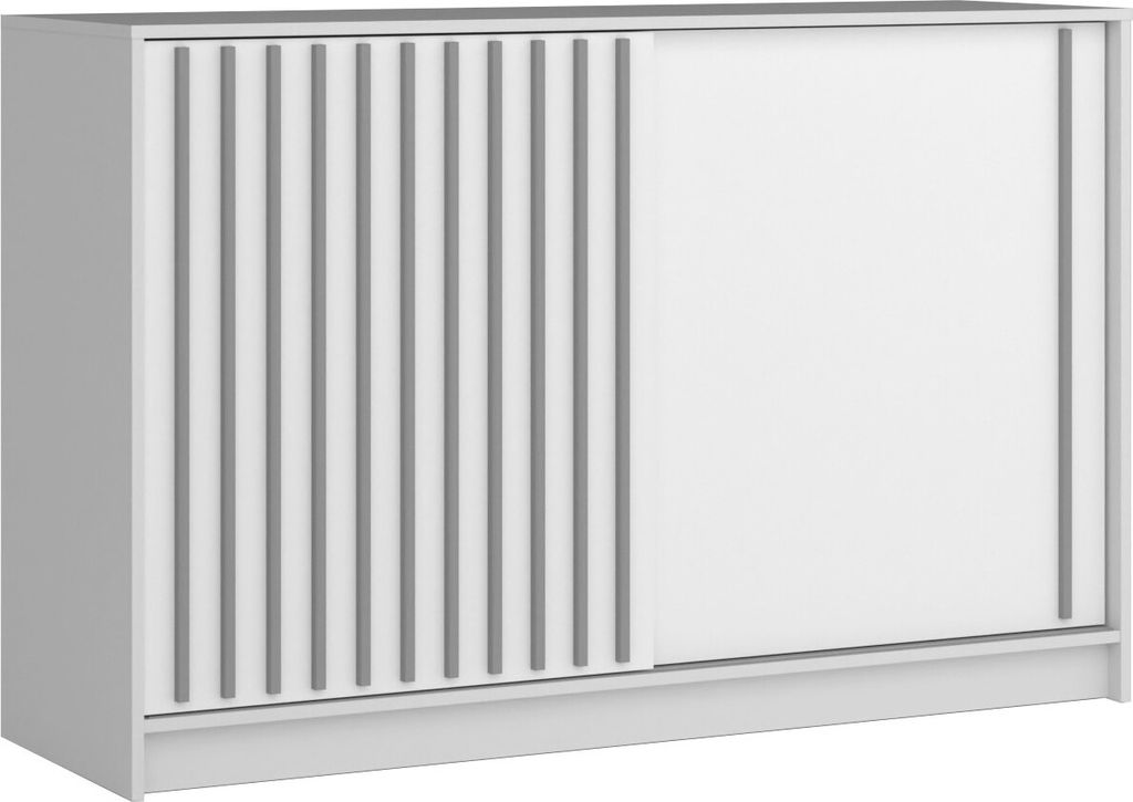 BETTSO Kommode Sideboard mit Schiebetüren Schrank mit Lamellen Aufbewahrungsschrank 150x94x45cm LAY Weiß Grau Lamellen