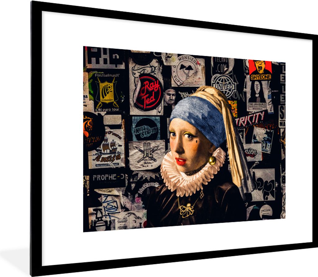 MuchoWow Gerahmtes Poster Das Mädchen mit dem Perlenohrring - Tätowierung - Vermeer 80x60 cm - Poster mit Schwarzem Bilderrahmen Wandposter Rah...
