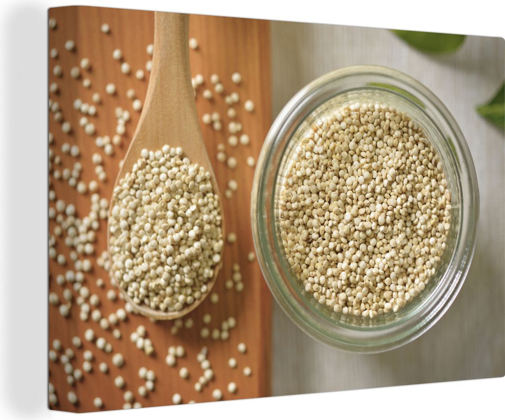 OneMillionCanvasses - Leinwandbilder - 140x90 cm, Quinoa in einer Glasschale und auf einem Holzlöffel, Wandbilder Kunstdruck Wanddekoration - Fo...