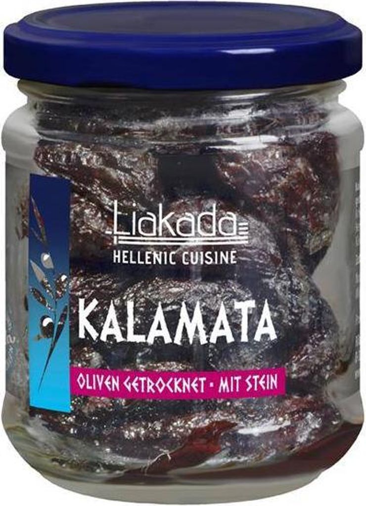 Liakada Kalamata Oliven getrocknet mit Stein 110 G Glas Süßlich, würzig Vegan Glutenfrei