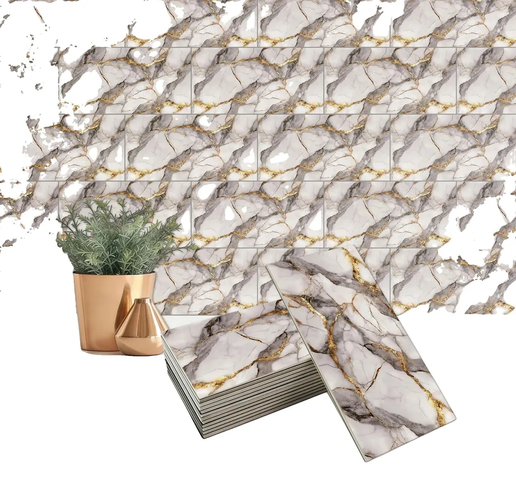 Autocollants Muraux Marbre Blanc et Or - Set de 40 Stickers 10x10cm