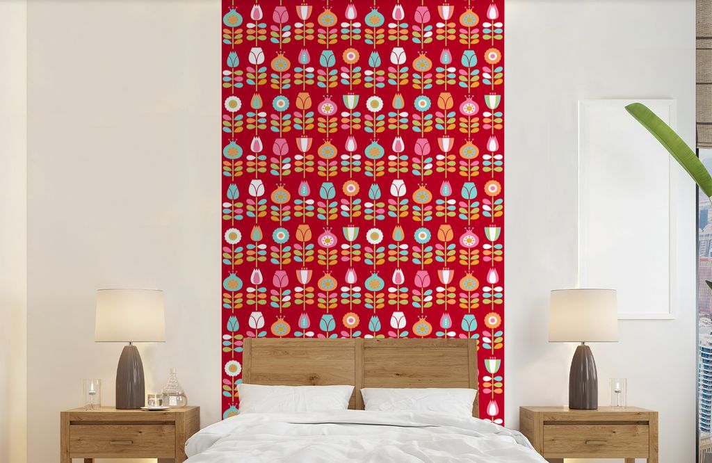 MuchoWow Fototapete für Wohnzimmer oder Schlafzimmer Wandtapete Vinyl Motivtapete Muster - Blumen - Retro - Rot - 120x240 cm - Hintergrundbild