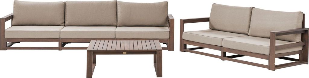 BELIANI Lounge Set Dunkelbraun Akazienholz Auflagen Taupe 2-Sitzer und 3-Sitzer Sofa mit Couchtisch Retro Landhaus Stil Terrasse Outdoor