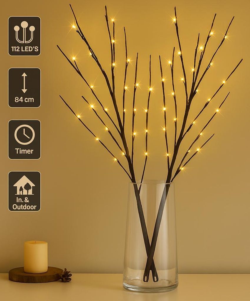 LED Deko Zweig 84 cm Schwarz mit 112 warmweißen LEDs, Timerfunktion, Batteriebetrieben, IP44 für Innen & Außen, flexible Äste
