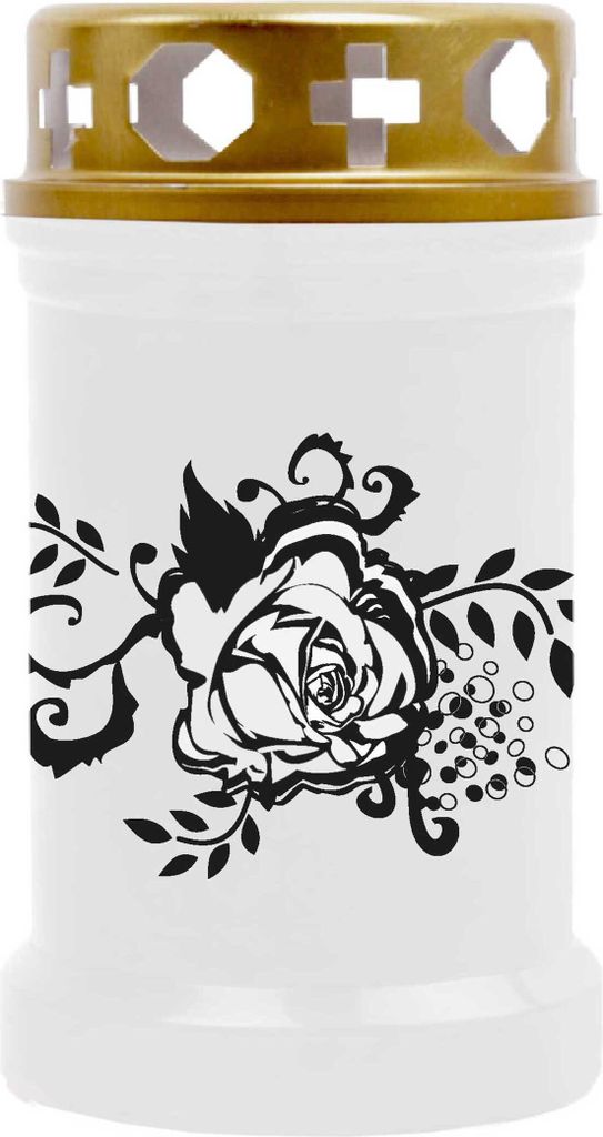 Grabkerze Weiß, Brenndauer: 40 Stunden, Motiv: Rose