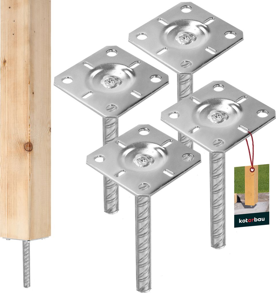 A product shot of four metal post anchors and a wooden post, with a small tag showing the product in use.