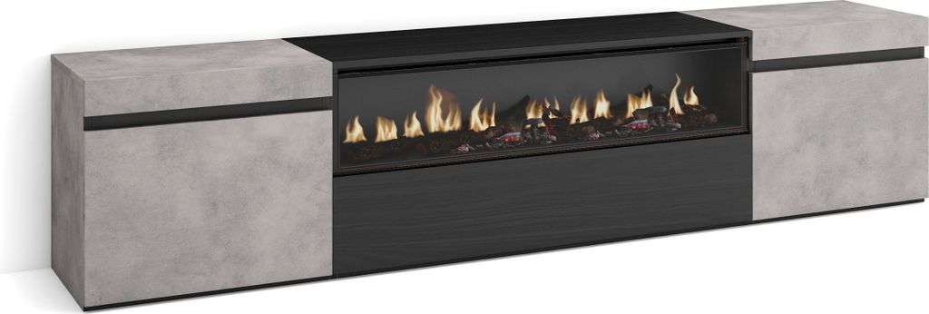 TV-Schrank, Lowboard, 200x35x45cm, Für TV-Geräte bis zu 80", Elektrokamin, Zementgrau