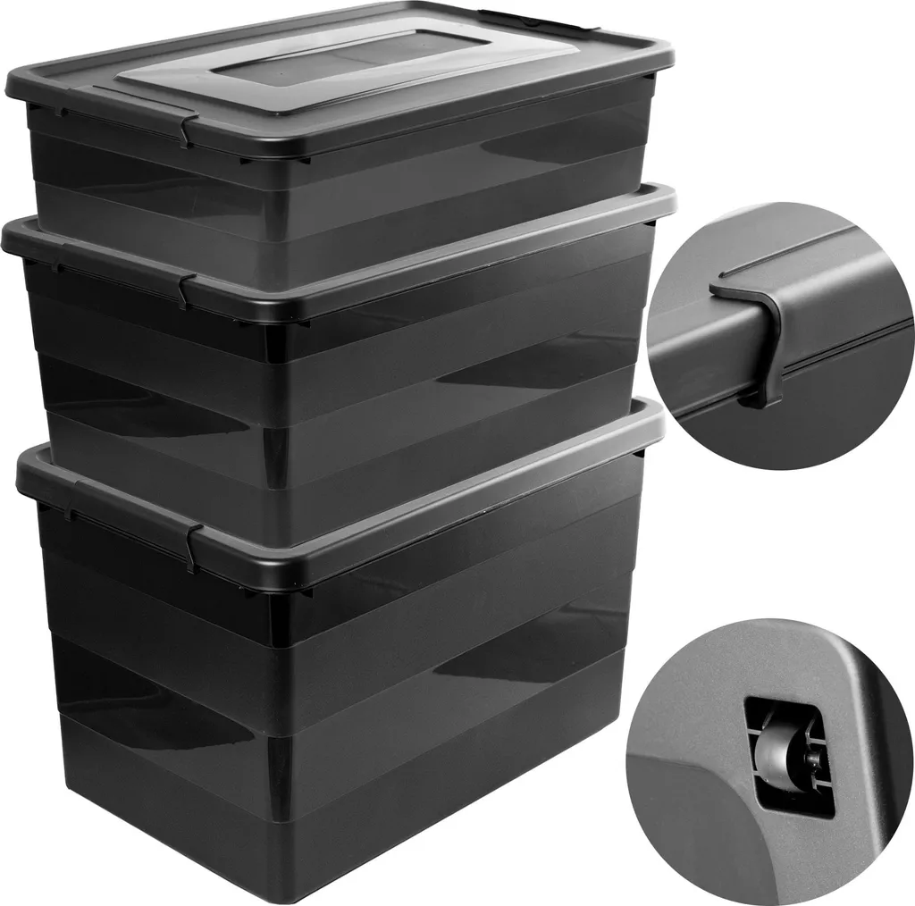 Boîtes de Rangement Robustes à Roulettes 28L-40L-55L en Plastique Noir