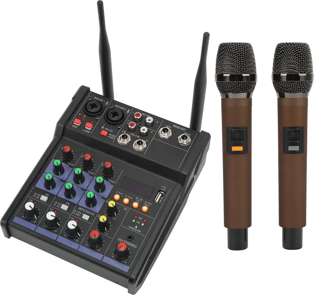 Console de Mixage Bluetooth 4 Voies et Double Micro sans Fil UHF Noir