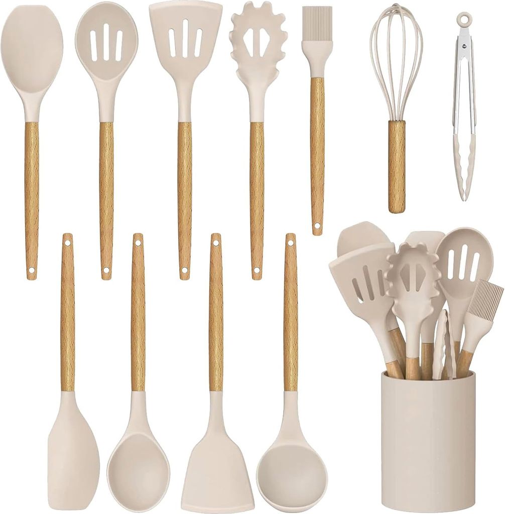 OKWISH Küchenhelfer Set Silikon - 12 Stück Küchenutensilien Set aus Silikon und Holzgriffen, Hitzebeständig, Antihaft und Leicht zu Reinigen, K...