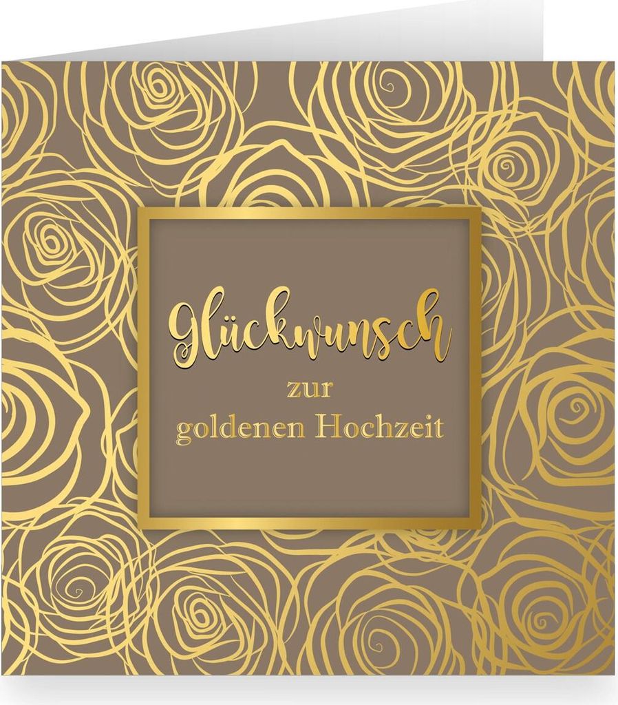Schöne Rosen Blüten Grußkarte edel üppig in Gold Optik innen weiß , braun: Glückwunsch zur goldenen Hochzeit