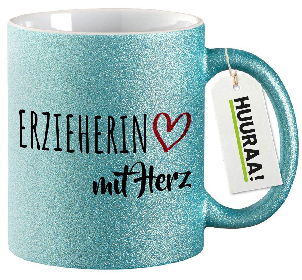 Huuraa Glitzertasse Erzieherin mit Herz 330ml Blau Keramik Kaffeebecher Geschenkidee
