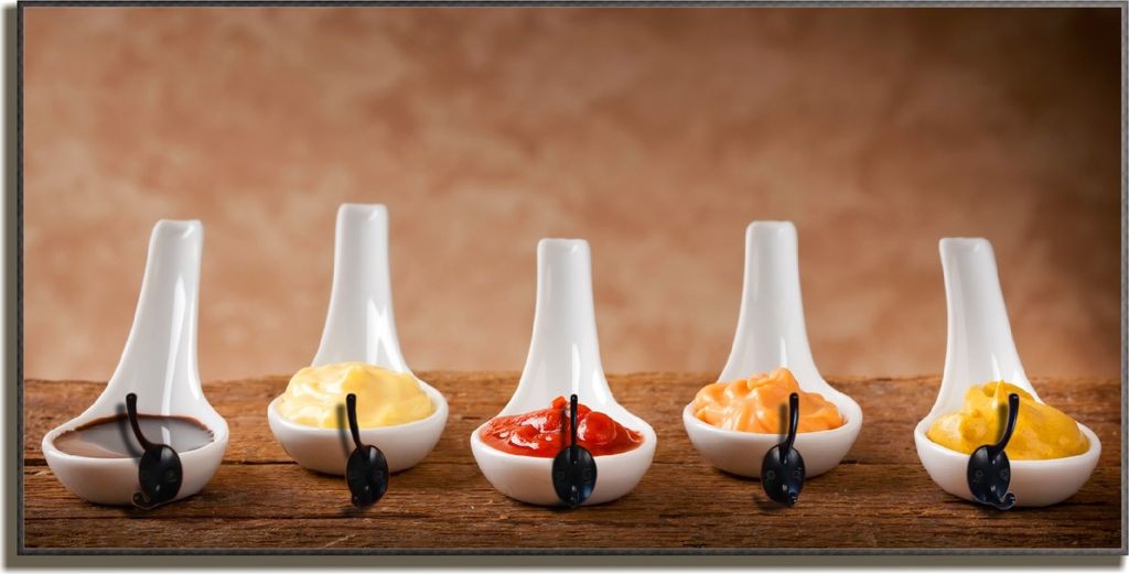 Wallario Flurgarderobe Wandgarderobe aus Holz, mit 5 Haken, Größe 80 x 40 cm, Motiv Verschieden Soßen auf Keramiklöffeln