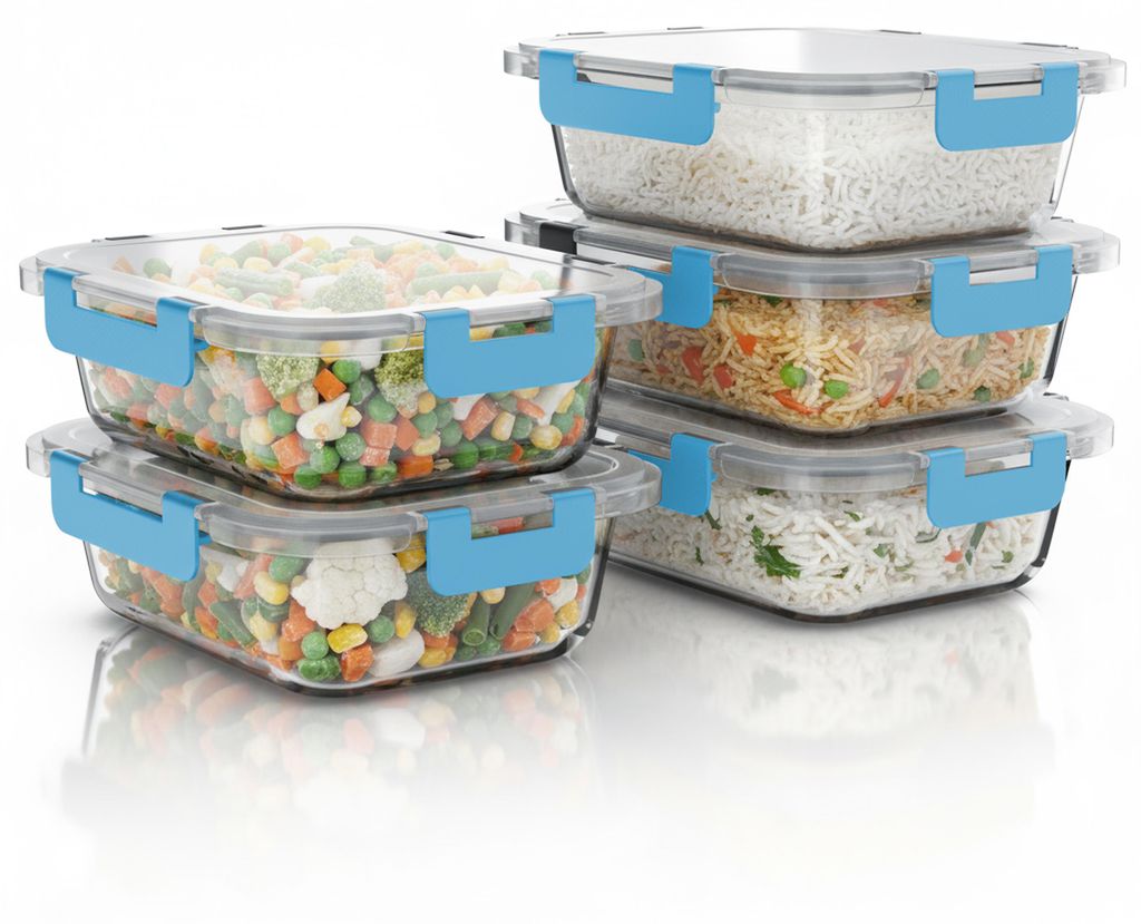 Arendo Frischhaltedosen Glas mit Deckel, Lunchbox, Vorratsdosen, 5er Set, rechteckig 1040 ml, stapelbar, auslaufsicher, Meal Prep, Mikrowellen-, of...