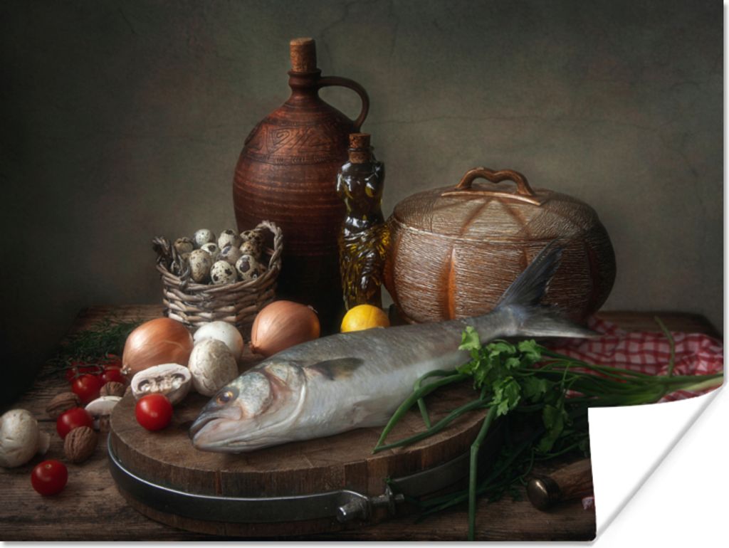 MuchoWow Poster Rustikal - Fisch - Stilleben - Gemüse - Kräuter 120x90 cm - Wandbild