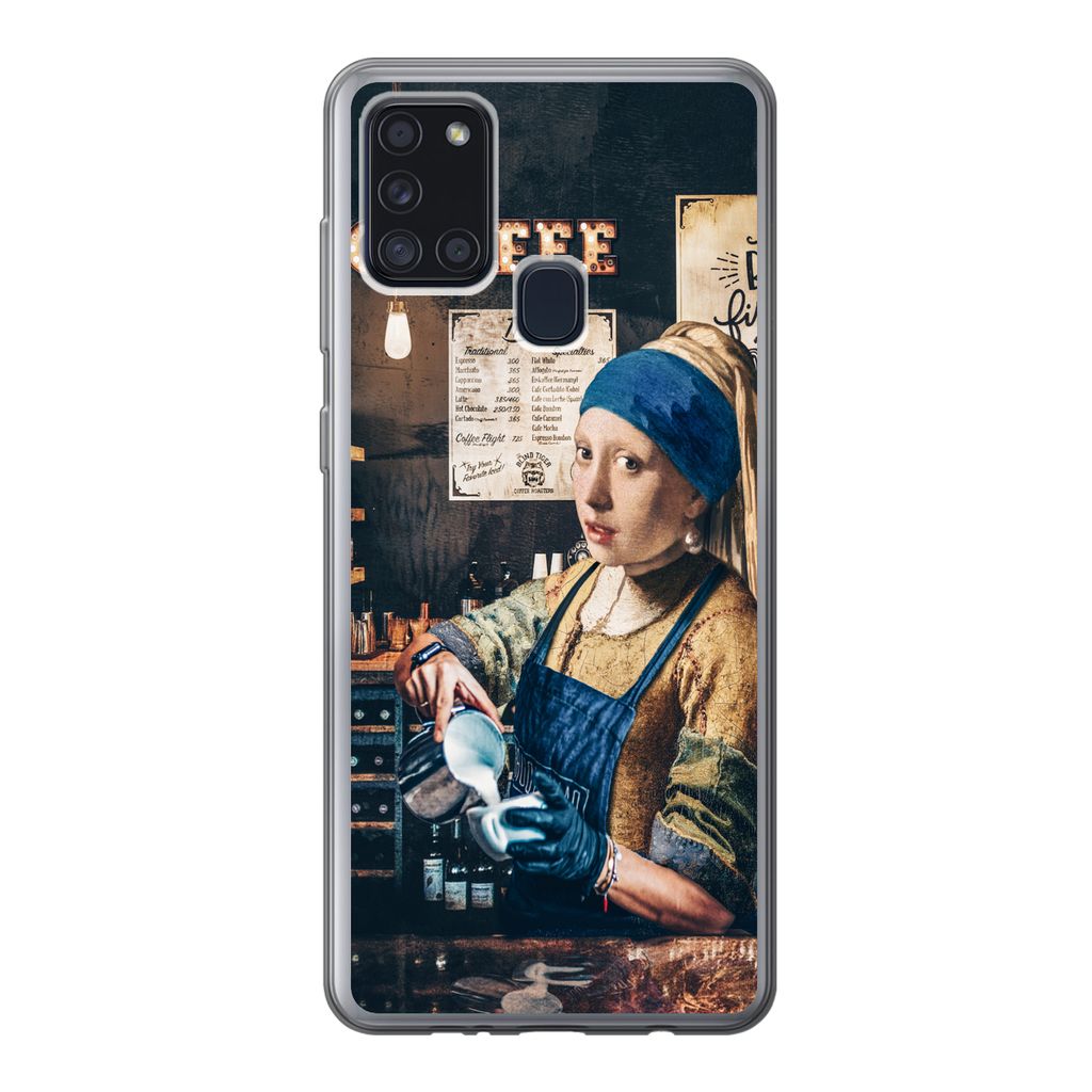 MuchoWow Handyhülle Schutzhülle Hülle für Samsung Galaxy A21s Mädchen mit Perlenohrring - Cappuccino - Barista - Vermeer - Kaffee - Gemälde...