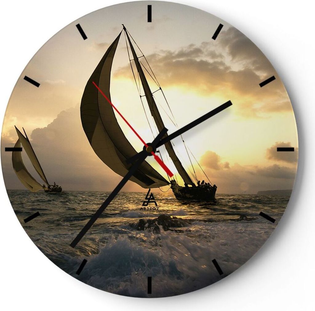 Wanduhr - Rund - Glasuhr - Schiff Sonnenuntergang Sonne Landschaft - 30x30cm - Schleichendes Uhrwerk - Lautlos - zum Aufhängen bereit - Dekoration...