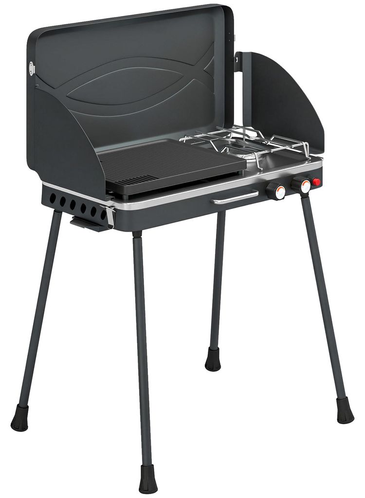 Tragbarer Gasgrill 2 Brenner 7 kW 2-in-1 Tischgrill mit Braten klappbar Beinen Grillrost Windschutz Deckel Verschluss