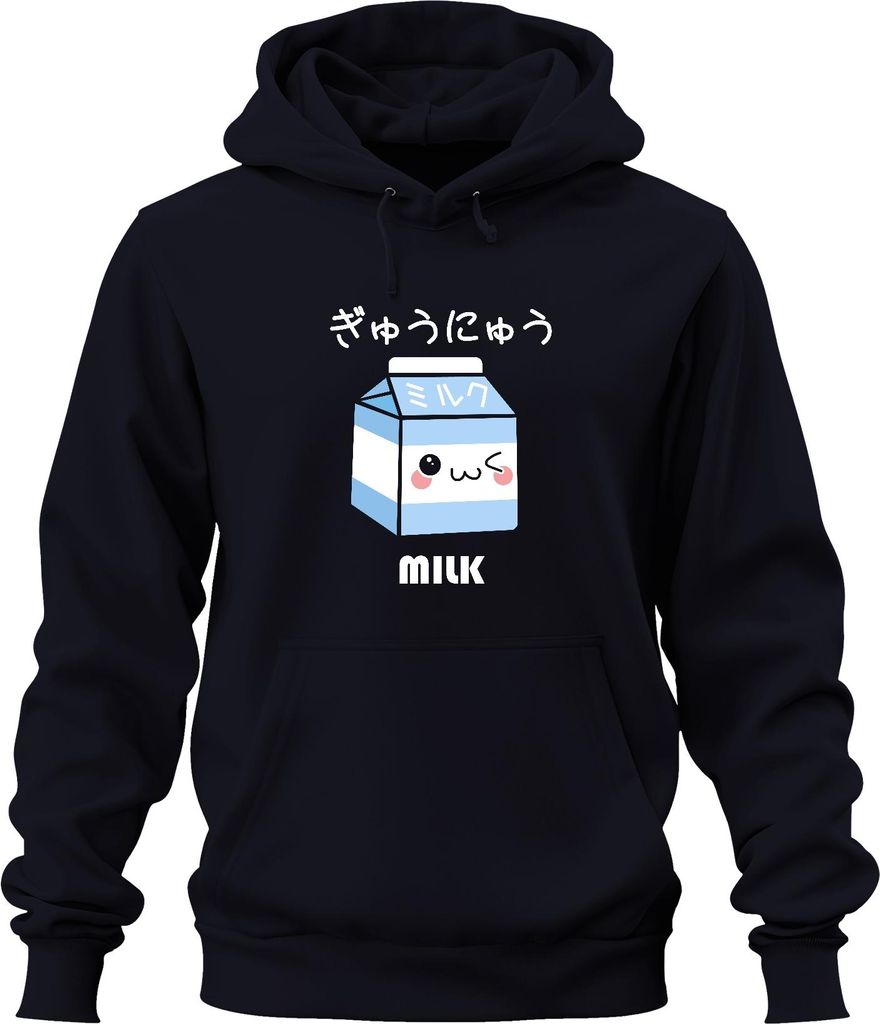 Kawaii Milchpackung süßes Gesicht japanisch ミルク ぎゅうにゅう niedlich Uni Hoodie Kapuzenpullover, Navy, 3XL