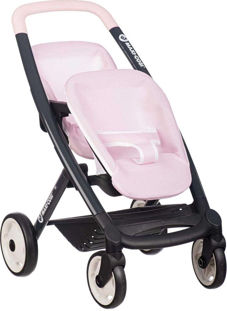 A pink and gray doll stroller.