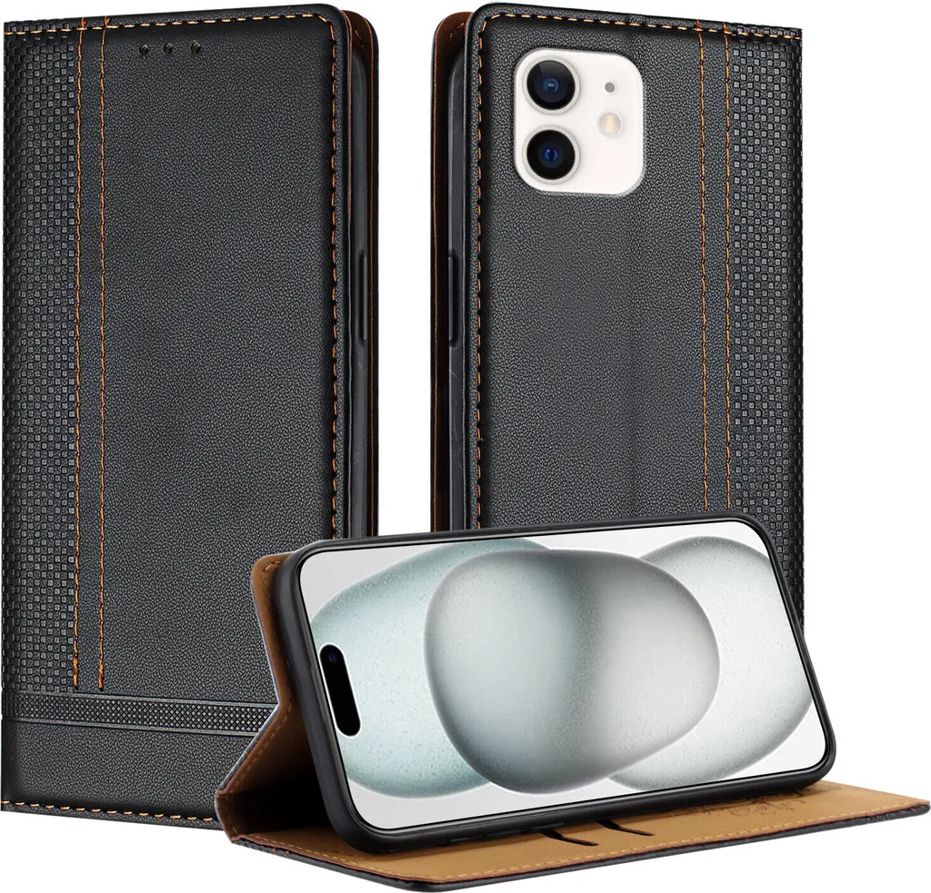 Cover Premium iPhone 12 in Pelle - Funzione Stand Nero Notte