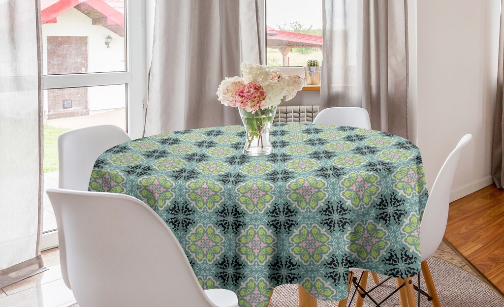 ABAKUHAUS Blumen Runde Tischdecke, Mediterrenean Tile Inspired, Kreis Tischdecke Abdeckung für Esszimmer Küche Dekoration, 150 cm, Mehrfarbig