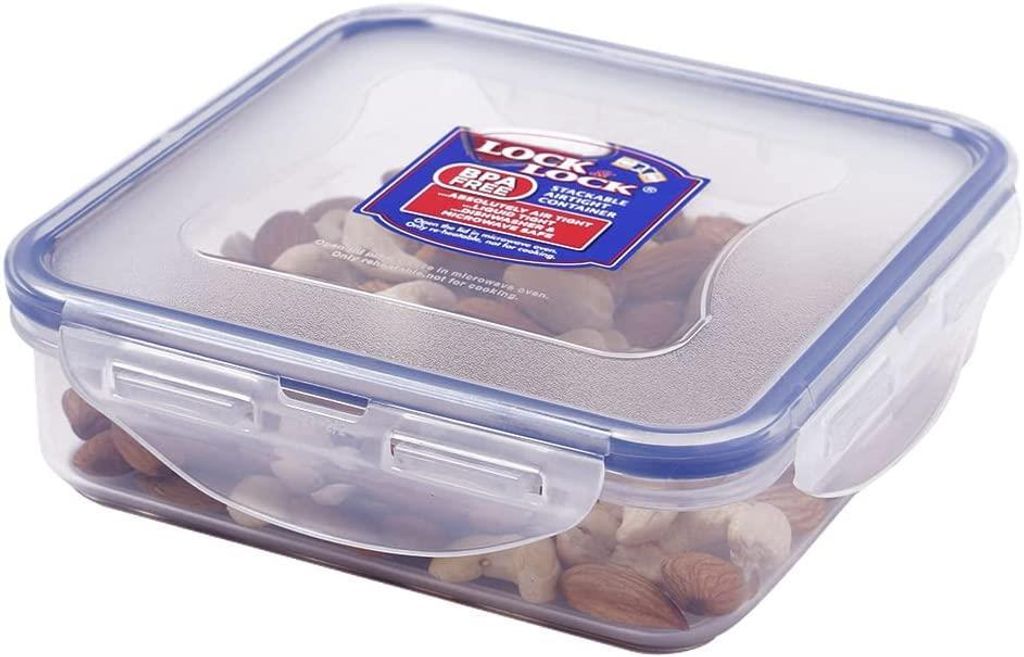 A clear, well-lit studio shot of a Lock&Lock food storage container filled with mixed nuts, presented on a white background.