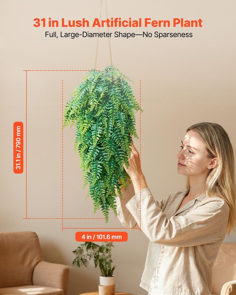 Artificial Ferns, 12 Pcs Fake Hanging Boston Fern Bush Plant with 813 mm Hanging Length, Plastic Faux Greenery for Indoor/Outdoor Decor, For Wall, ...