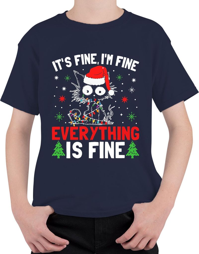 It's Fine I'm Fine Weihnachten Katze Lichter lustig Geschenk Uni Kinder T-Shirt, Navy, 116