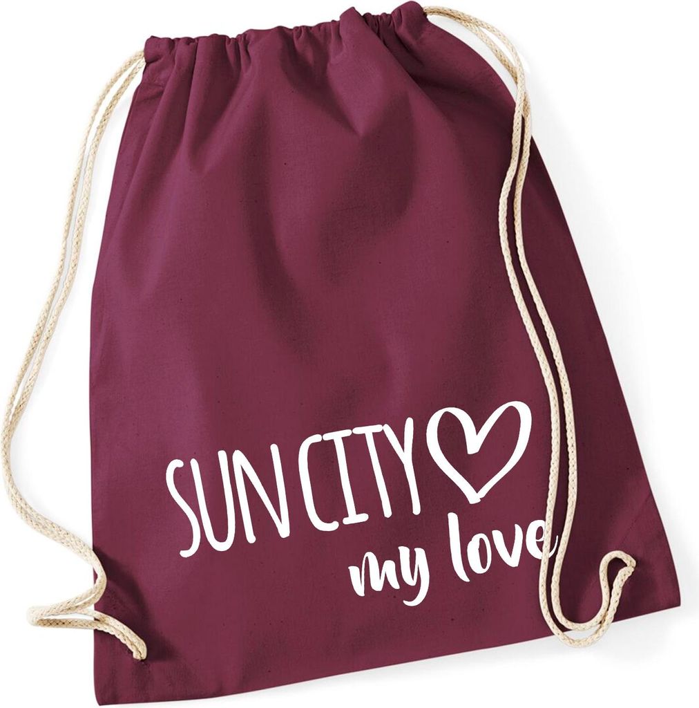 Huuraa Turnbeutel Sun City my love 12 Liter Burgundy Baumwolle Rucksack Geschenkidee