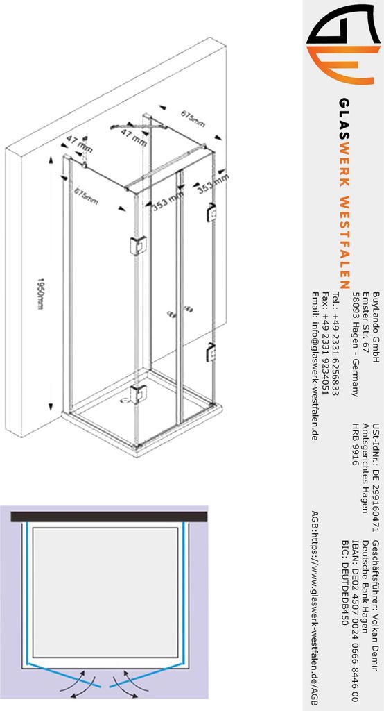 Glaswerk Westfalen – Duschkabine und U Emma 75 x 80 x 75 cm (H: 180 cm), weiße Armaturen