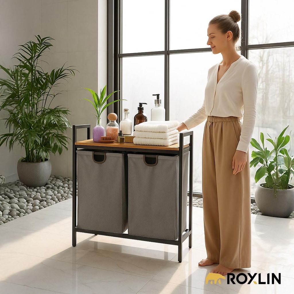 Roxlin Wäschekorb mit 2 Fächern – Wäschesammler mit Deckel & Ablage – Wäsche Sortierer aus Metall – Schmutzwäsche Organizer für Bad, Sc...