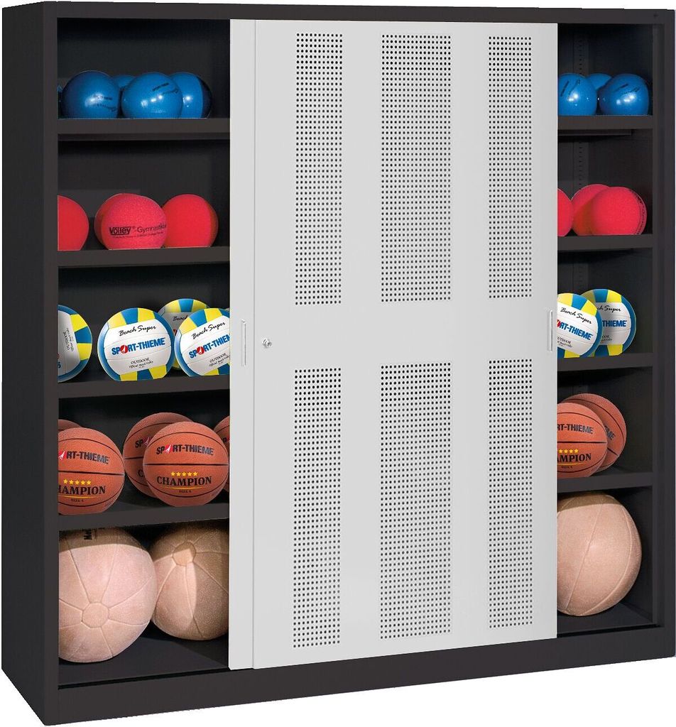 C+P Ballschrank mit Lochblech-Schiebetüren (Typ 4), HxBxT 195x190x60 cm, Lichtgrau (RAL 7035), Anthrazit (RAL 7021), Einzelschließung