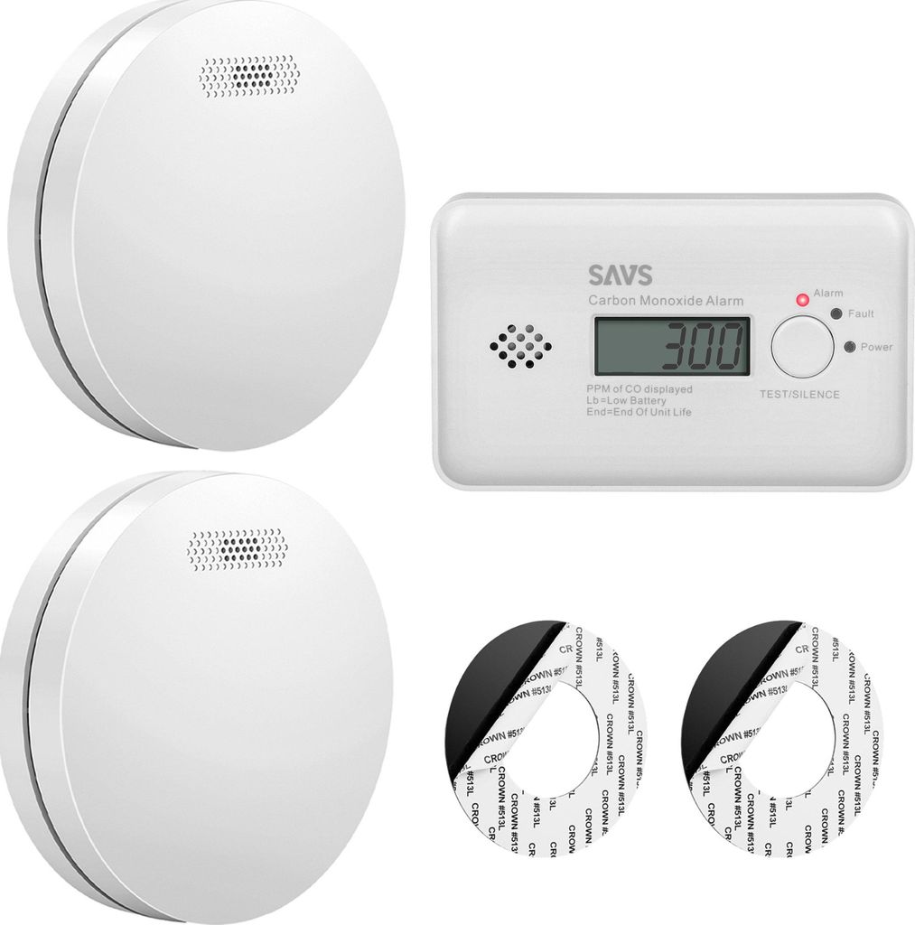 SAVS Brandschutz-Set – 2 Rauchmelder & 1 Kohlenmonoxidmelder – 10 Jahre Batterie – Extra flaches Design – Brand- & CO-Warnmelder – Entspr...