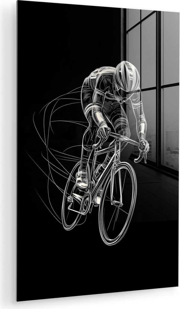 MuchoWow Glasbilder - Bilder auf Wandbild - Foto auf Glas Strichzeichnung - Weiß - Radfahren - Geschwindigkeit 80x120 cm Wanddekoration aus Glas -...