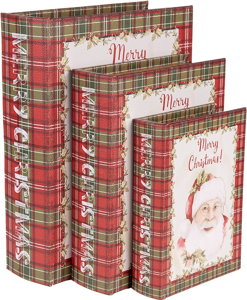 Clayre & Eef Aufbewahrungsbox 3er Set Bücher 27x22x7 / 22x17x6 / 17x12x4 cm Rot Weiß MDF Weihnachtsmann
