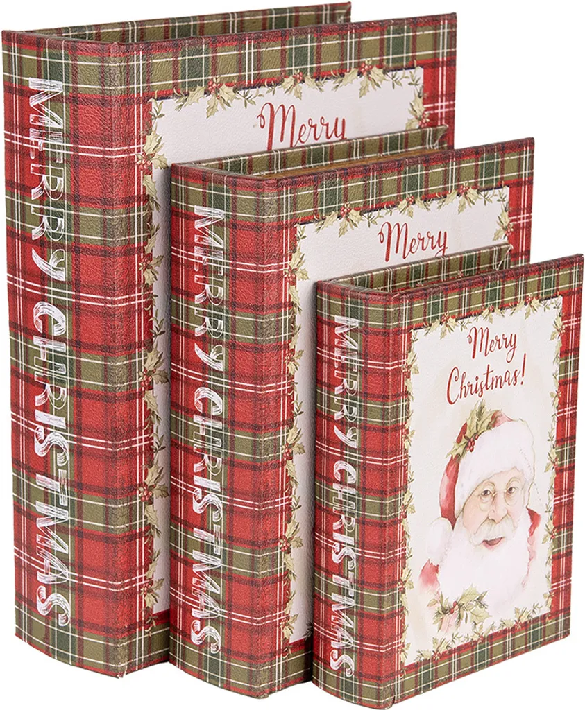Set Scatole Natalizie a Libro Clayre & Eef 3pz MDF Rosso e Bianco