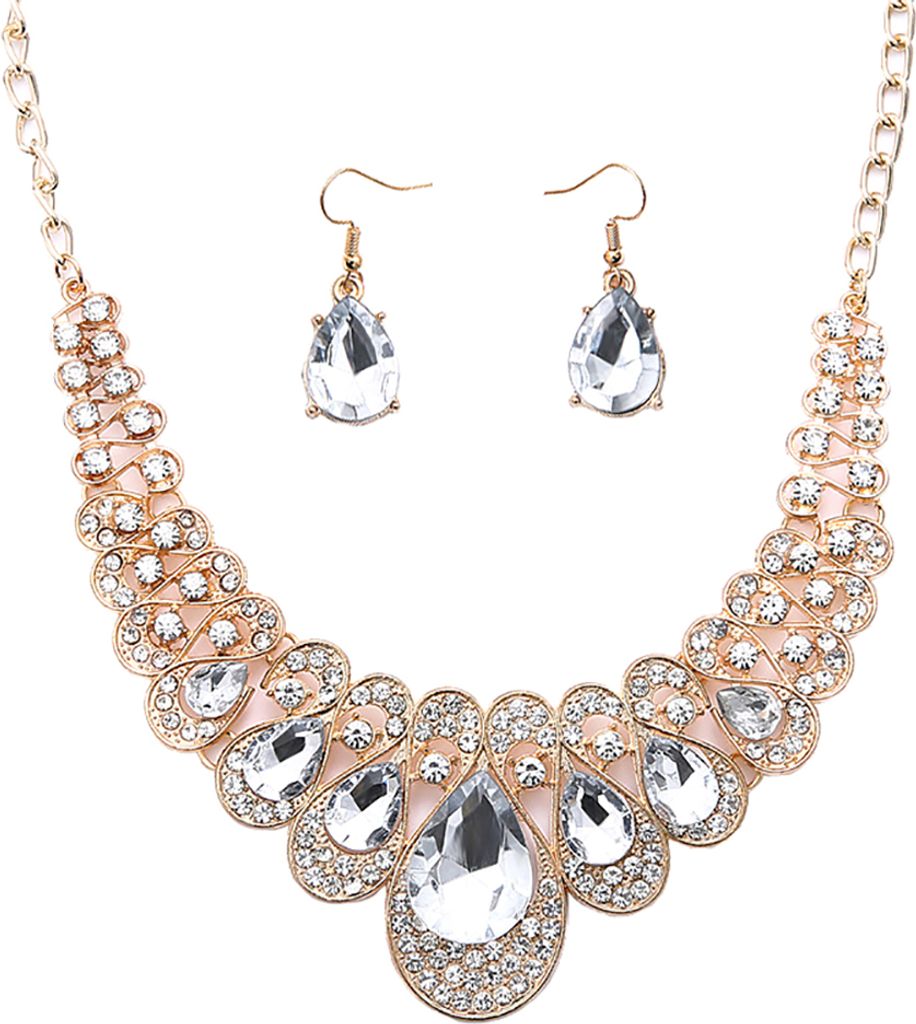 2 Teile/satz Tropfenförmige Strass Statement Bib Halskette Ohrringe Brautschmuck Geschenk-Weiß